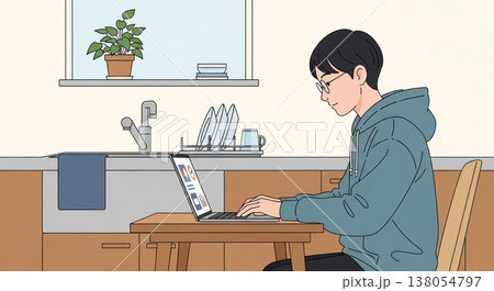キッチンでPC作業する青年 138054797