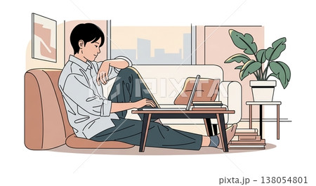 リラックス空間でタブレットを楽しむ男性 138054801