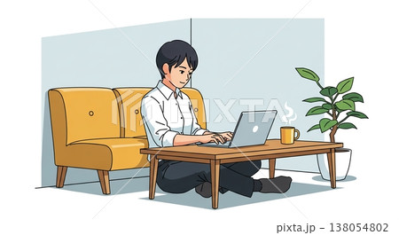 リラックス空間でPC作業する青年 138054802