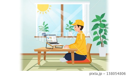 窓辺でPC作業する男性イラスト 窓辺でPC作業する男性イラスト 138054806