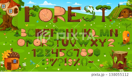 Wooden log font, cartoon wood stump and bush typeface. Vector alphabet with forest themed letters, punctuation symbols and numbers. Funny typeset characters made of tree trunks, stumps and leaves Wooden log font, cartoon wood stump and bush typeface. Vector alphabet with forest themed letters, punctuation symbols and numbers. Funny typeset characters made of tree trunks, stumps and leaves 138055112