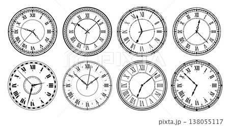 Vintage clock face with Roman numerals, ornamental border frames and elegant clock hands, vector icons. Vintage clock face in steampunk art or history and retro design of stopwatch chronometer 138055117