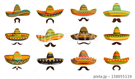 Cartoon Mexican mariachi sombrero hats with moustaches. Cinco de mayo holiday accessories. Isolated vector set of festive caps adorned with vibrant colors and patterns, symbolize Latin America culture 138055119