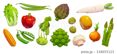 Cartoon raw ripe isolated vegetables, vector farm food, garden veggies set. Red bell pepper, onion, radish and olive, green beans, pea, mushroom and corn, cabbage and asparagus cartoon vegetables Cartoon raw ripe isolated vegetables, vector farm food, garden veggies set. Red bell pepper, onion, radish and olive, green beans, pea, mushroom and corn, cabbage and asparagus cartoon vegetables 138055123