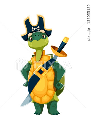 Cartoon sea turtle animal pirate vector character. Corsair personage wears tricorn hat, sash across the chest and carries sword by the side. Swashbuckling tortoise sailor personage ready for adventure 138055129