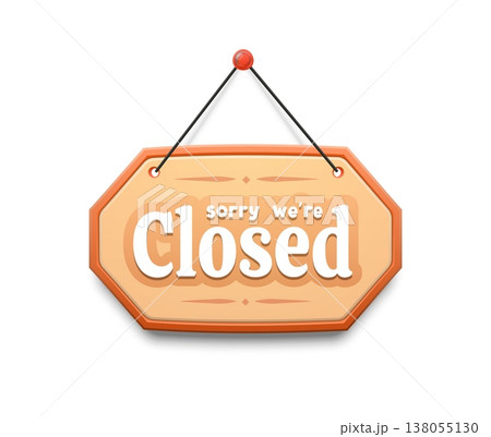 Closed signboard with sorry we are closed message. Hanging wooden shop and store door sign board plate attached by rope and pin. Vector retail notice template for cafe or commercial business entrance Closed signboard with sorry we are closed message. Hanging wooden shop and store door sign board plate attached by rope and pin. Vector retail notice template for cafe or commercial business entrance 138055130