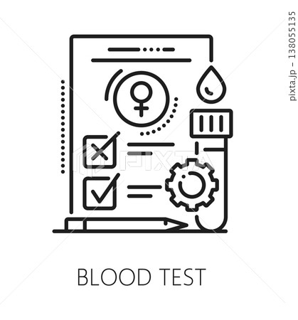 Blood test gynecology, reproductive healthcare line icon. Reproductive health sign, gynecology lab testing and fertility vector symbol. Pregnancy healthcare icon with medical laboratory document Blood test gynecology, reproductive healthcare line icon. Reproductive health sign, gynecology lab testing and fertility vector symbol. Pregnancy healthcare icon with medical laboratory document 138055135