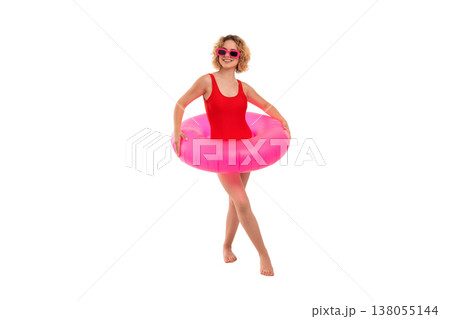 Girl in red swimsuit with pink float and shades, PNG 138055144