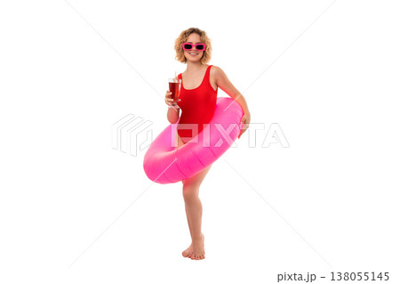 Girl with a pink float and drink in hand enjoys summer, PNG 138055145