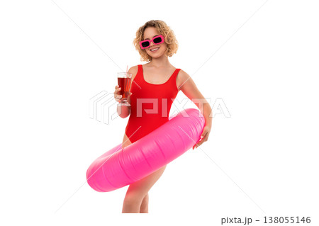 Girl in a red swimsuit holds a drink and a float, PNG Girl in a red swimsuit holds a drink and a float, PNG 138055146