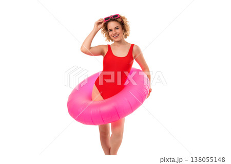 Girl enjoys summer at the beach with a float, PNG 138055148