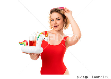 Girl in red swimsuit smiles while holding drink, PNG Girl in red swimsuit smiles while holding drink, PNG 138055149
