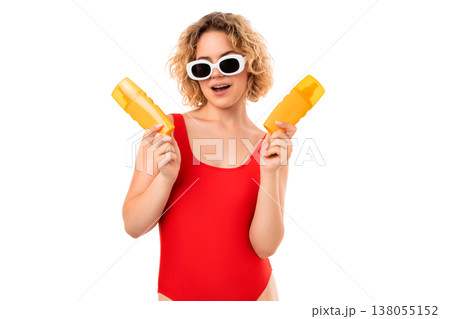 Woman in red swimsuit smiles with yellow treats, PNG Woman in red swimsuit smiles with yellow treats, PNG 138055152