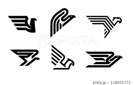 Black eagle hawk and falcon bird icons, fast delivery and speed race sport symbols set. Vector silhouettes of abstract eagle birds, wings and heads side views for delivery and logistics isolated icons Black eagle hawk and falcon bird icons, fast delivery and speed race sport symbols set. Vector silhouettes of abstract eagle birds, wings and heads side views for delivery and logistics isolated icons 138055171