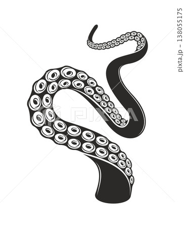 Octopus or kraken animal tentacle black tattoo or decor. Octopus animal tentacle black sticker, kraken monster leg with suckers graphic vector tattoo. Squid fantasy creature arm abstract decoration 138055175