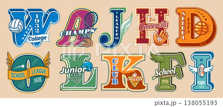 Varsity sport patch labels, college or university club letters badges set. Vector basketball, baseball and american football, volleyball and rugby balls, glove, cap letters, varsity patches and prints Varsity sport patch labels, college or university club letters badges set. Vector basketball, baseball and american football, volleyball and rugby balls, glove, cap letters, varsity patches and prints 138055193