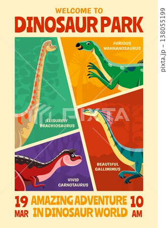 Dinosaur park poster with cartoon jurassic dino at prehistoric jungle trees silhouettes vector background. Cute brachiosaurus, carnotaurus, wannanosaurus and gallimimus dinosaurs, dino park poster 138055199