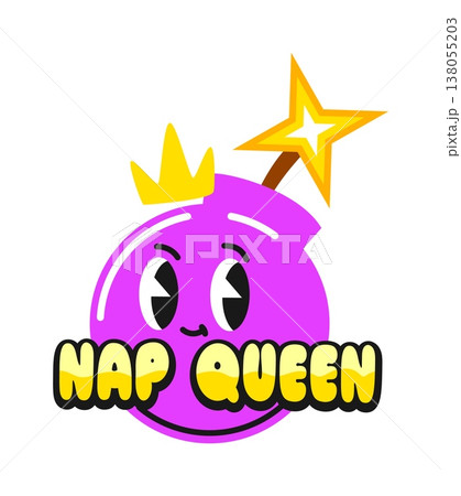 Nap queen bomb and TNT vintage Y2K sticker or patch. Bomb vintage funky vector tag, TNT grenade isolated retro hippie patch. Pink bomb explosion cute character in crown Y2K sticker or label 138055203