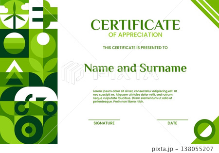 Ecology certificate of appreciation with green geometric Bauhaus pattern. Environment saving Bauhaus geometric shape vector letter, ecology save award document. Nature sustainability certificate Ecology certificate of appreciation with green geometric Bauhaus pattern. Environment saving Bauhaus geometric shape vector letter, ecology save award document. Nature sustainability certificate 138055207