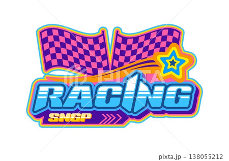 Automobile track race championship Y2K retro icon or symbol. Rally competition, speed racing grand prix Y2K vector icon. Drag race motorsport emblem with checkered flags, shooting star and typography 138055212