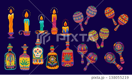 Mexican candles, maracas and tequila bottle, vector Mexico holidays. Cartoon Cinco de Mayo and Day of the Dead candles, maracas and tequila with geometric pattern, cactus, skull and flower ornaments 138055219