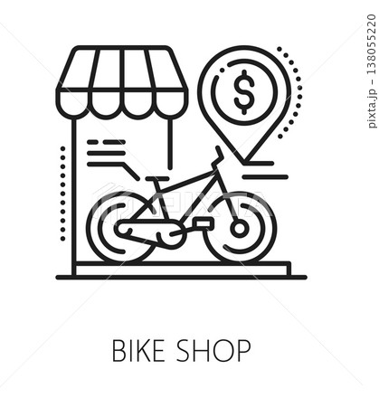 Bicycle shop and repair service line icon or symbol. Bike bicycle shop and repair equipment shop outline pictogram, mechanic center linear vector sign. Bicycle repair workshop service icon or symbol 138055220