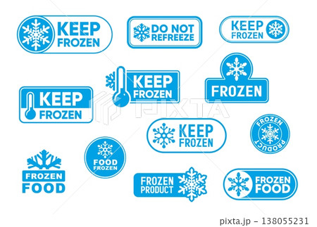 Blue frozen product label icons with cold ice snowflakes and freezer thermometers vector silhouettes. Keep frozen isolated labels set for food and drink package tags, cold storage temperature stickers 138055231
