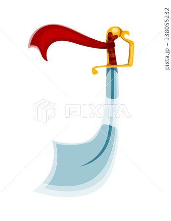 Pirate font cartoon sword weapon letter J. Piracy marine sailing typeset sign, pirate nautical type vector symbol. Corsair maritime font element or letter with cutlass sword with golden handle 138055232