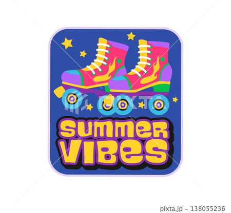 Summer vibes Y2K groovy sticker or hippie symbol. Hippie 80s funky vector tag, 60s cartoon patch. Funny cute groovy sticker or retro positive Y2K label with colorful typography and roller skates 138055236