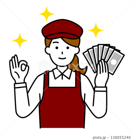 お札を持ってOKサインをするカフェの女性店員 138055240