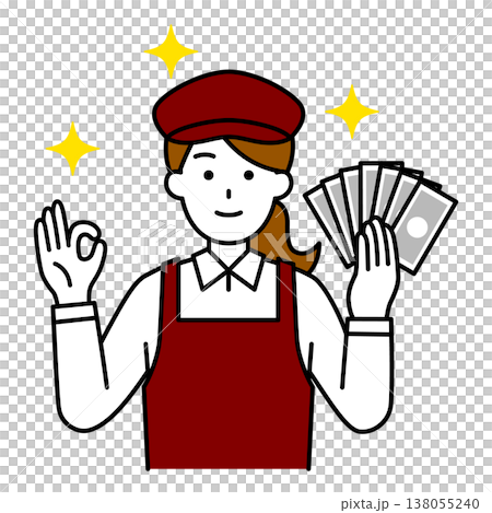 A female cafe employee gives an OK sign while holding a banknote. 138055240