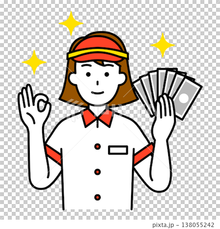 お札を持ってOKサインをするファストフード店の女性店員 お札を持ってOKサインをするファストフード店の女性店員 138055242
