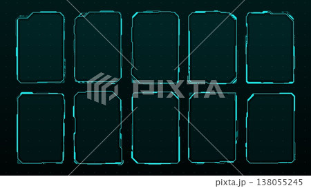 Futuristic HUD frames, future technology display interface elements. Computer game futuristic blue neon HUD frame. Mobile arcade futuristic vector electronic led light UI borders or overlay banners Futuristic HUD frames, future technology display interface elements. Computer game futuristic blue neon HUD frame. Mobile arcade futuristic vector electronic led light UI borders or overlay banners 138055245