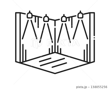 Exhibition stage stand display line icon or label. Product presentation stand display thin line pictogram, business exhibition stage lineart vector sign. Fair booth or kiosk outline icon or symbol 138055256