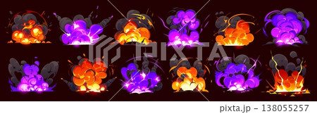 Cartoon bomb explosion and magic smoke effects, vector red and purple fire. Fiery orange blasts and glowing purple smoke clouds of cartoon bomb blasts and boom explosives of TNT or dynamite explode Cartoon bomb explosion and magic smoke effects, vector red and purple fire. Fiery orange blasts and glowing purple smoke clouds of cartoon bomb blasts and boom explosives of TNT or dynamite explode 138055257