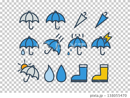 雨傘和陽傘圖示集、雨靴、下雨天、預防中暑、雨季 雨傘和陽傘圖示集、雨靴、下雨天、預防中暑、雨季 138055470