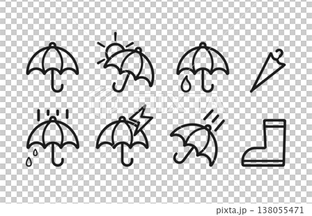 一套線條藝術風格的雨傘和陽傘圖示。簡約的黑白設計。 一套線條藝術風格的雨傘和陽傘圖示。簡約的黑白設計。 138055471
