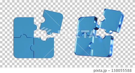 A 3D illustration of a flat icon of a puzzle piece. It has a translucent blue glass or acrylic-like texture. A 3D illustration of a flat icon of a puzzle piece. It has a translucent blue glass or acrylic-like texture. 138055588
