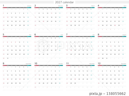 2027年 メモスペースのあるシンプルなカレンダー 12ヶ月一覧　日本の祝祭日対応 138055662