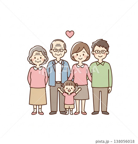 シンプルでかわいい三世代家族のイラスト　笑顔の日本人ファミリー　フラットデザイン・白背景 138056018