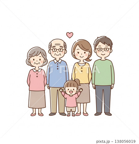シンプルでかわいい三世代家族のイラスト　笑顔の日本人ファミリー　フラットデザイン・白背景 138056019