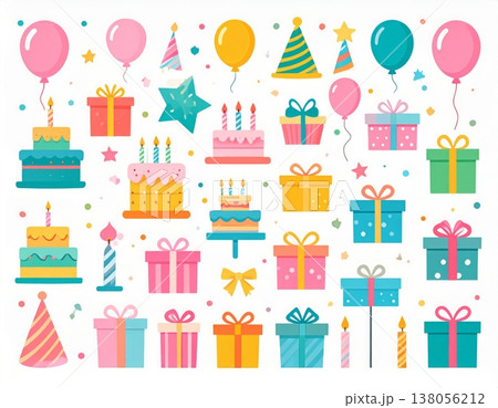 誕生日の祝事やパーティーに最適な可愛いフラットデザインのアイコンセット 138056212