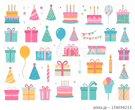 誕生日の祝事やパーティーに最適な可愛いフラットデザインのアイコンセット 138056213