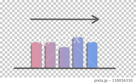 A bar graph with horizontal arrows represents a business image of stable performance and maintaining the current status (pink-purple gradient). 138056330