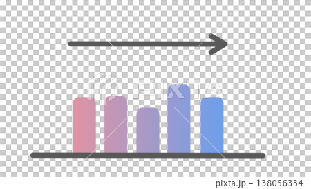 A bar graph with horizontal arrows represents a business image of stable performance and maintaining the current status (pink-purple gradient). A bar graph with horizontal arrows represents a business image of stable performance and maintaining the current status (pink-purple gradient). 138056334