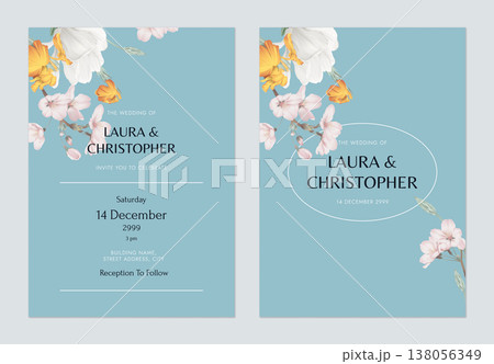 Floral wedding invitation card template design, various flowers and leaves on blue Floral wedding invitation card template design, various flowers and leaves on blue 138056349