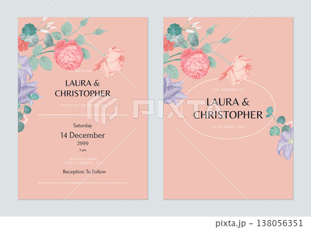 Floral wedding invitation card template design, various flowers and leaves on brown Floral wedding invitation card template design, various flowers and leaves on brown 138056351