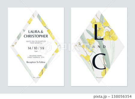 Floral wedding invitation card template design, golden shower flowers and leaves 138056354