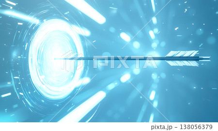 水色のホログラム状の光る的の中心に刺さった1本の矢のイラスト 138056379