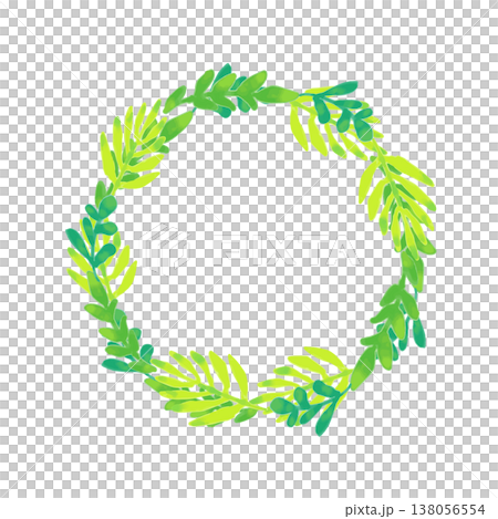 Watercolor-style circular wreath of green leaves and ferns, botanical frame, vector graphic. 138056554